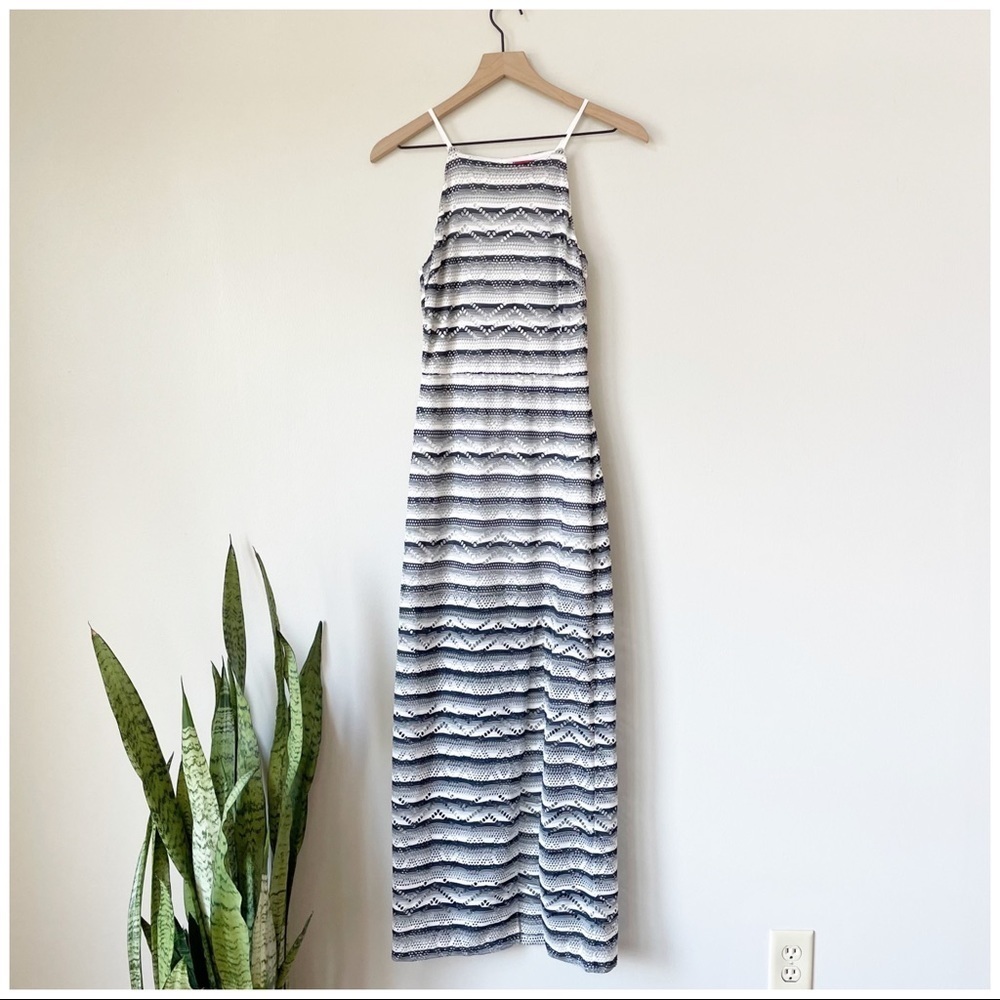 Saks Fifth Avenue Chevron Stripe Pattern Navy & White Spaghetti Strap Maxi Dress